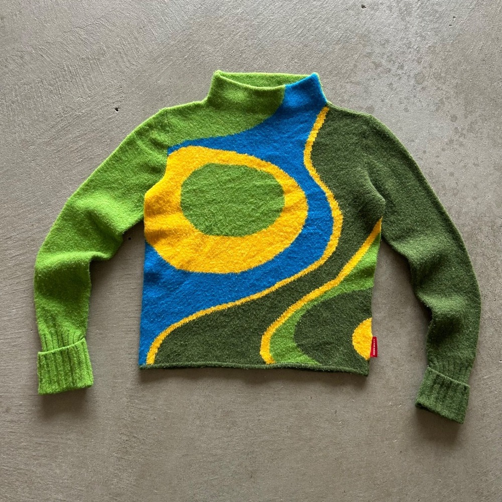 Vintage Miss Sixty Sweater Womens Medium Green Y2K Abstract Swirl Mock Neck Wool